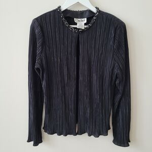 Cachet Vintage Black Beaded Collar Pleated Open Front Top Size 14